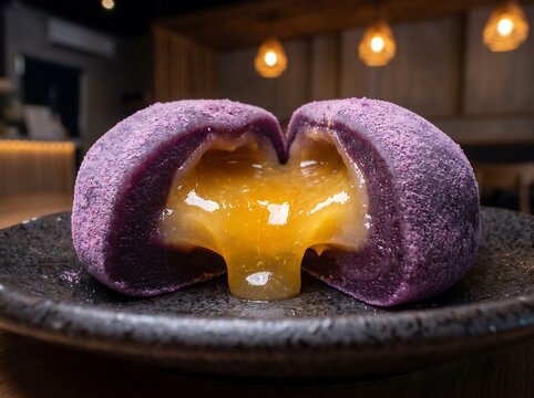 Macro Closeup of Sliced Purple Mochi Ubi Ungu with Oozing Yellow Syrup