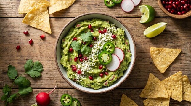 Top view of a creamy guacamole dip garnished with pomegranate seeds