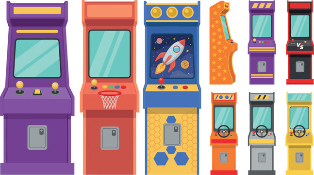 Arcade cabinet vector collection with colorful retro game machines basketball hoop space rocket and racing simulators on white background (18 words)