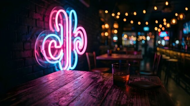 Atmospheric dim interior of a modern bar at night featuring a glowing pink and blue neon sign on a brick wall, a glass of amber whiskey on a rustic wooden table, and warm bokeh background lights.