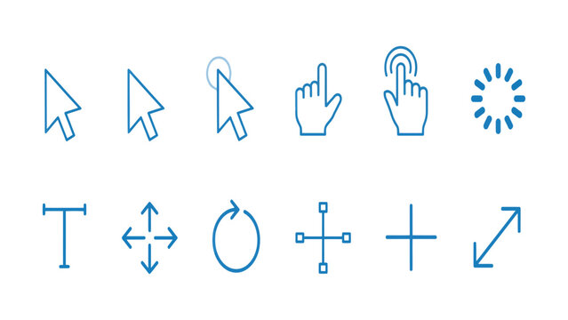 Mouse cursor arrow and pointer vector line icon set featuring click, hand pointer, loading wheel, text selection, move, and resize control tools