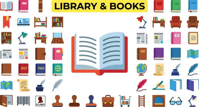 Library and Books Icon Set Featuring Open Book Newspaper Magazine Dictionary Thesaurus Globe Pen Quill Reading Glasses Bookcase Desk Lamp Armchair Bookmark Ex Libris Library Cart Ladder and Study