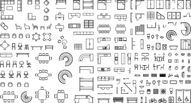 Set of architectural furniture and interior design symbols for floor plan drafting