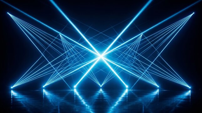 A vibrant laser light display features blue beams forming symmetrical patterns, reflecting on a shiny surface.