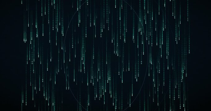 Binary code streams down in a slow, layered matrix rain animation with a teal circuit glow.