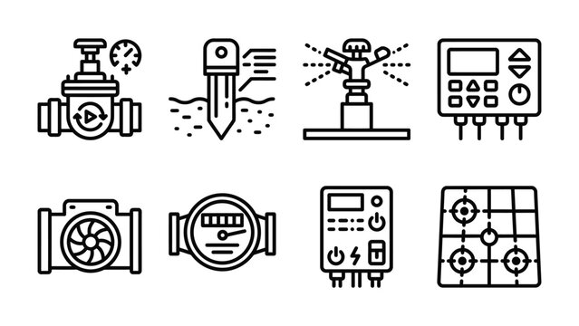 Smart Farming Technology Icons: A collection of vector icons representing smart farming technology, including irrigation systems, sensors, and control panels.