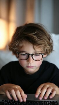 High angle view of a serious kid with eyeglasses doing his homework on a computer at home