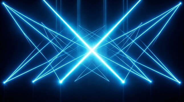 Bright blue laser beams form a symmetrical pattern, creating a vibrant and futuristic visual.