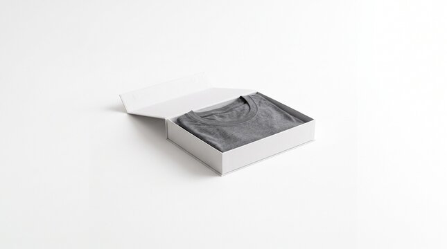 A folded gray t-shirt neatly presented inside a clean white gift box with its lid ajar, isolated on a plain white background