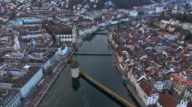 Lucerne, Switzerland Aerial View at Winter. Kapellbruecke und Wasserturm Luzern, Schweiz. Chapel Bridge and Water Tower.
