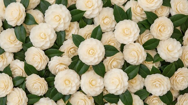 A breathtaking overhead view of a dense array of creamy white camellia blossoms, their delicate petals and vibrant green leaves forming an elegant, serene floral tapestry