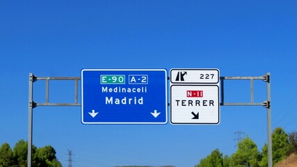 A road information sign on the A-2 motorway in Spain, indicating directions to Medinaceli and Madrid and exit 227 to Terrer. September 15, 2026 © GenadiyGM