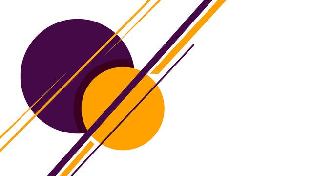 Dynamic geometric abstract composition featuring overlapping purple and yellow circles with diagonal lines on a clean white background for modern design projects