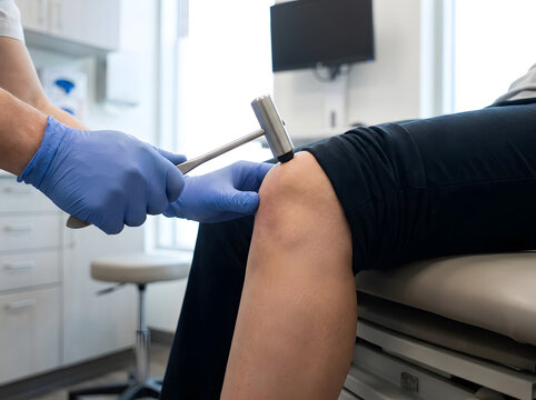 Knee reflex examination with a reflex hammer in a medical setting