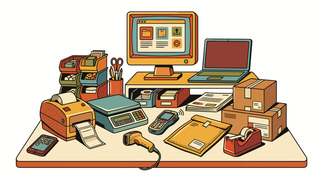 E-commerce fulfillment workstation with packing table, cardboard boxes, shipping labels, computer monitor, and barcode scanner in a modern warehouse logistics center vector illustration.