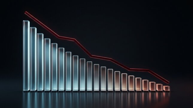 3D Illustration of a Decreasing Business Growth Bar Chart with Downward Red Arrow Line on Black Background