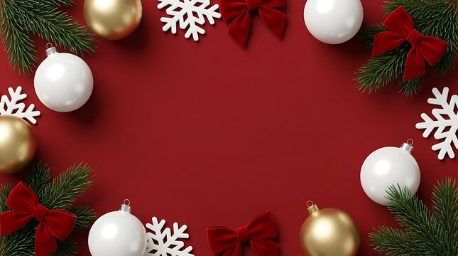 Festive christmas ornaments and bows on a red background for holiday celebrations