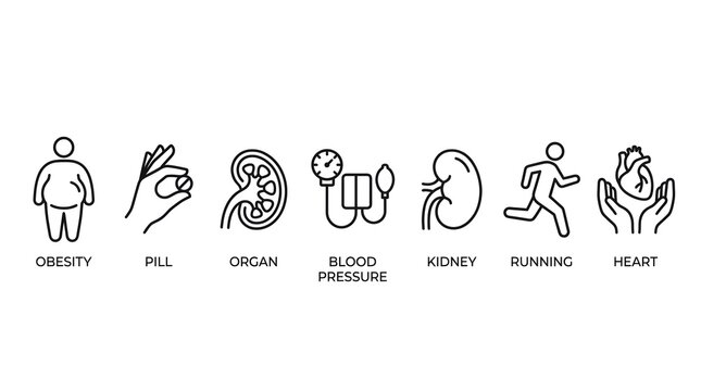 A collection of medical and health related line icons representing various human body conditions and lifestyle factors for healthcare education and diagnostic medical clinic graphics
