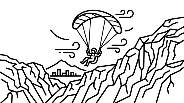 A simple black and white line art illustration of a person paragliding over a rocky mountain landscape with a small city in the background