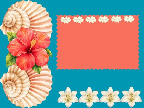 Tropical summer frame layout with hibiscus flower seashells and white lily blooms on blue background
