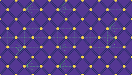 Obraz premium Geometric purple grid pattern with yellow circular nodes and green dashed lines for abstract background design.