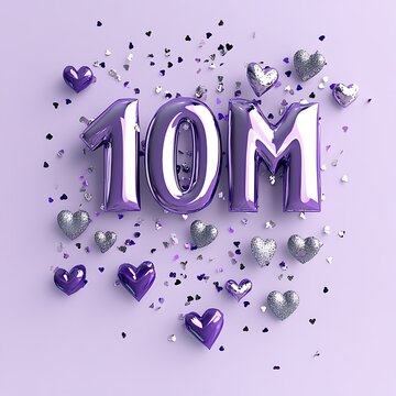 Purple 10 million balloons with hearts and confetti isolated on white background