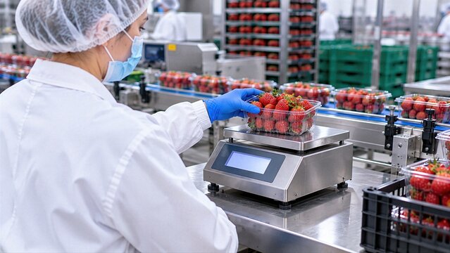 Berry packing employee verifies strawberry package weight, highlighting standardized portions, fresh produce quality and efficient industrial packing workflow.