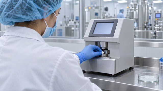 Clean room worker places tablet into hardness tester, showing compression quality control, dosage consistency and pharmaceutical production testing workflow.