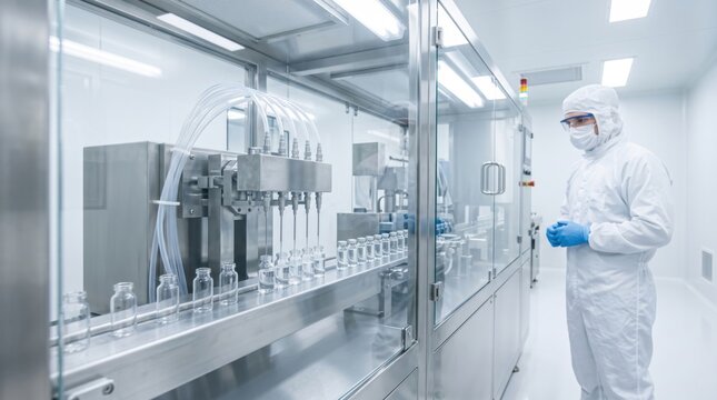 Automated sterile filling machine dispenses clear liquid into glass vials, showing pharmaceutical production, cleanroom workflow and contamination control.