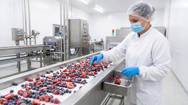 Frozen berry production line shows employee removing damaged fruit, highlighting sorting, consistency, hygiene and industrial quality assurance standards.