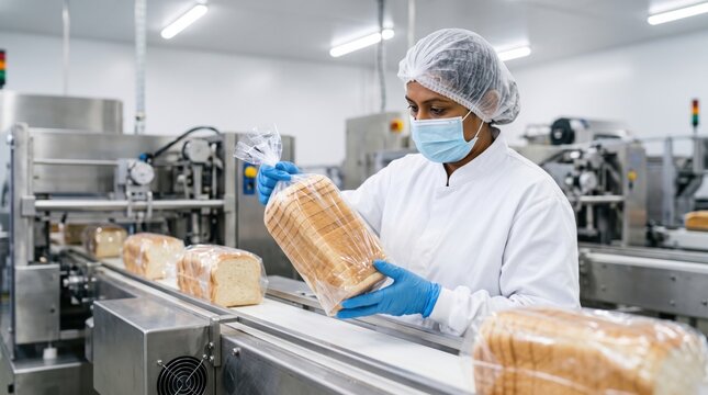 Masked bakery worker checks sealed bread package on conveyor, showing packaging integrity, food safety, freshness, contamination prevention and quality control in production today.