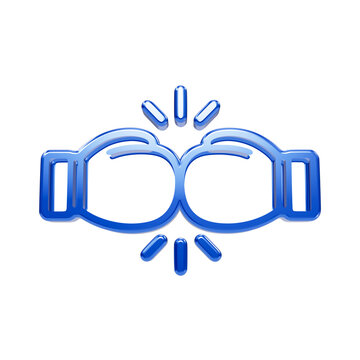 Glossy blue 3d glass of two boxing gloves bumping fists together with impact sparks and motion lines
