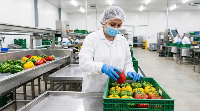 Colorful peppers are arranged for distribution in modern packing facility, highlighting fresh produce logistics, agricultural processing and retail preparation.