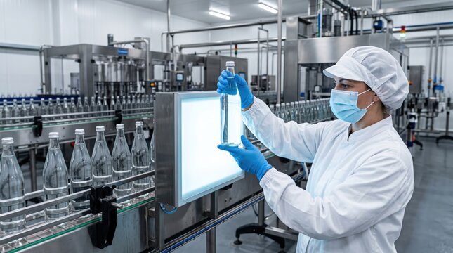 Worker checks bottled water fill level on automated production line, showing beverage quality control, volume consistency and industrial manufacturing accuracy.