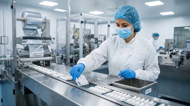 Worker removes defective capsule blister pack from production line, showing pharmaceutical quality control, packaging inspection and responsible cleanroom manufacturing.