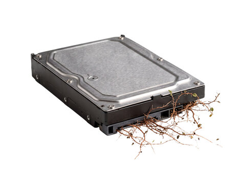 Hard drive with roots emerging, conveying concept of technological obsolescence and decay.