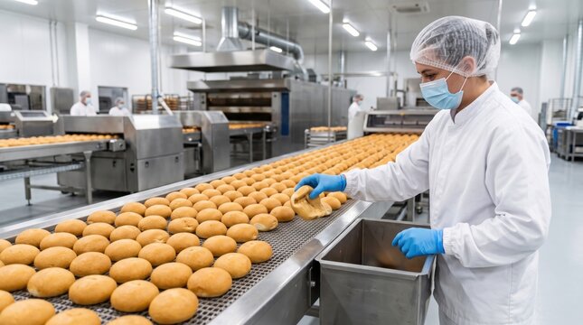 Worker removes misshapen bread roll from conveyor, showing bakery quality control, visual grading, consistency, waste reduction and responsible industrial food production standards.