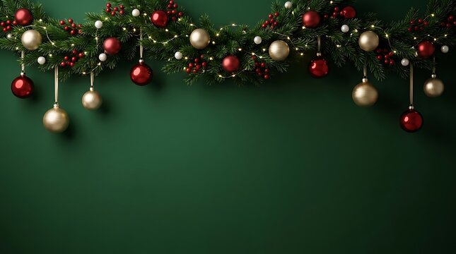 Festive christmas garland with red ornaments and pine branches on a dark green background