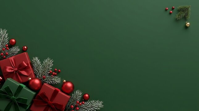 Festive christmas arrangement with gifts ornaments and evergreen branches on dark green background