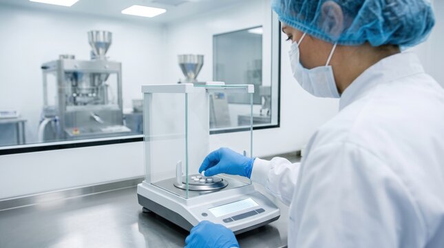 Worker verifies tablet weight on precision balance, showing dosage consistency, pharmaceutical quality assurance and clean room quality control workflow.