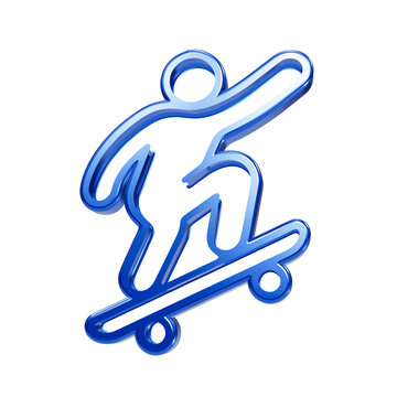 Glossy blue skateboarder doing trick in 3d glass style, isolated on a dark background, for sports jump
