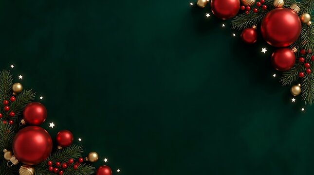 Festive christmas ornaments and evergreen branches on a dark green background for holiday celebrations