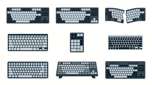 Collection of Various Computer Keyboard Layouts and Types Including Full Size, Tenkeyless, Ergonomic Split, Compact, and Numeric Keypad Flat Vector Illustration Isolated on White Background