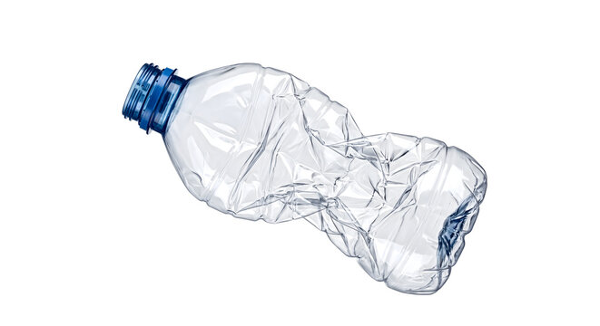 Crushed empty plastic water bottle with blue cap for recycling or waste disposal.
