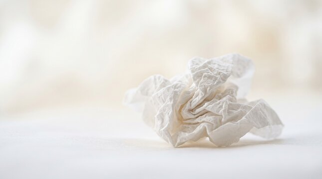 Single crumpled white paper towel on soft focused neutral background representing domestic cleanup concept and waste management ideas for everyday housekeeping