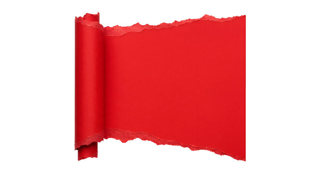 Curled red paper roll with torn edges and bright crimson texture for creative banner or reveal announcement.