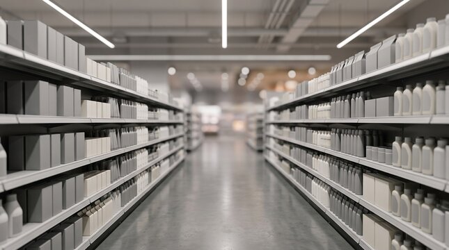 Rows of shelves filled with packaged items in a brightly lit supermarket, emphasizing variety and retail selection