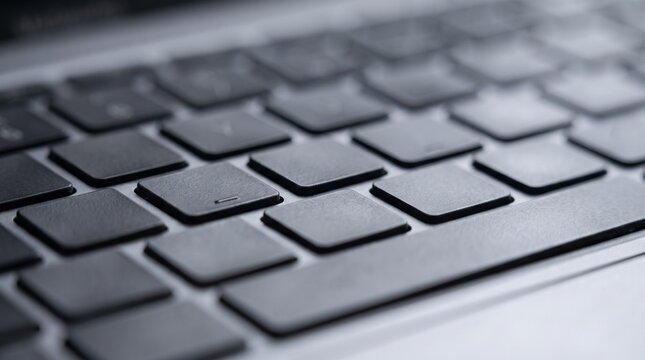 Macro view of modern sleek black laptop keyboard keycaps in shallow depth of field shot representing digital workplace concepts and software development environment