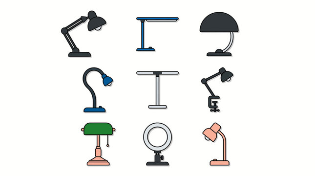 Collection of various desktop lighting units and desk lamp icons including architect swing arm light, modern LED office lamp, ring light for vlogging, and classic bankers lamp illustration vector.