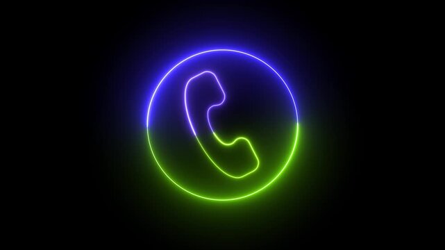 Neon glowing telephone animation with rotating blue and green light effect on black background communication